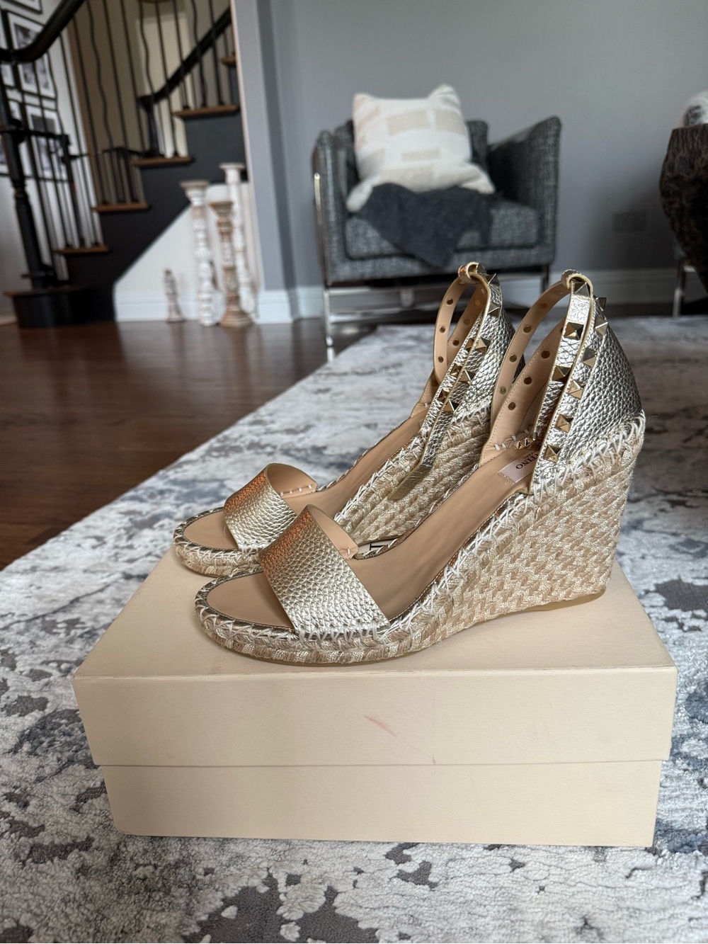 Valentino Garavani Gold Metallic Wedge Espadrilles with Studded Ankle Strap